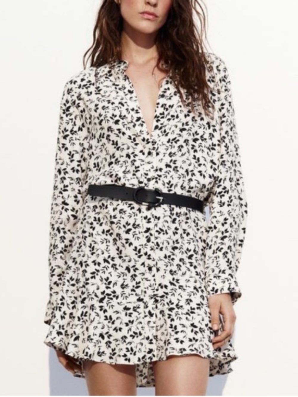 Zara Belted Black Floral Flower Long Sleeve Mini Dress Size Small